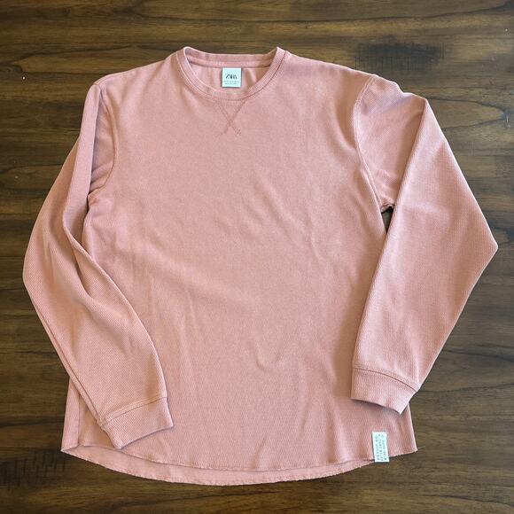 Zara Men’s Waffle Knit Thermal Long Sleeve Shirt Size M In Salmon Cabincore Fall - Picture 1 of 6